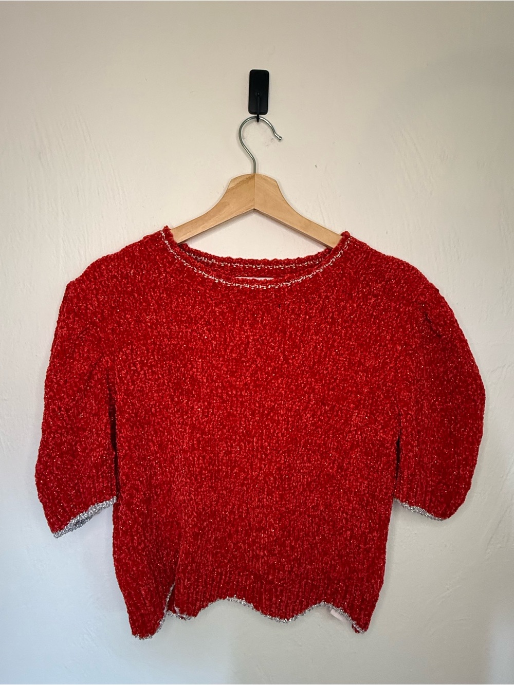English Factory Red Bouclé Crewneck Sweater with Silver Trim